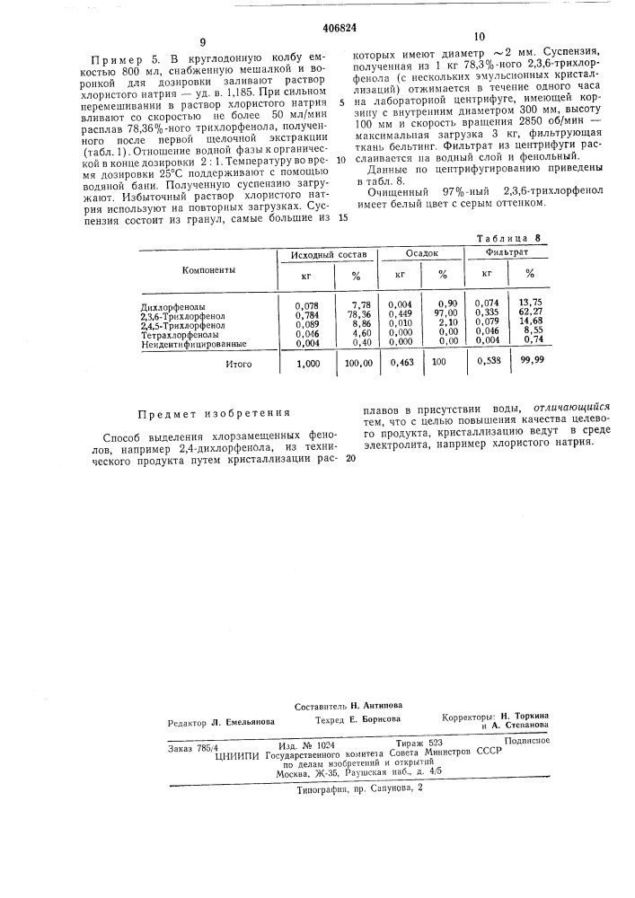 Способ выделения хлорзамещенных фенолов (патент 406824)