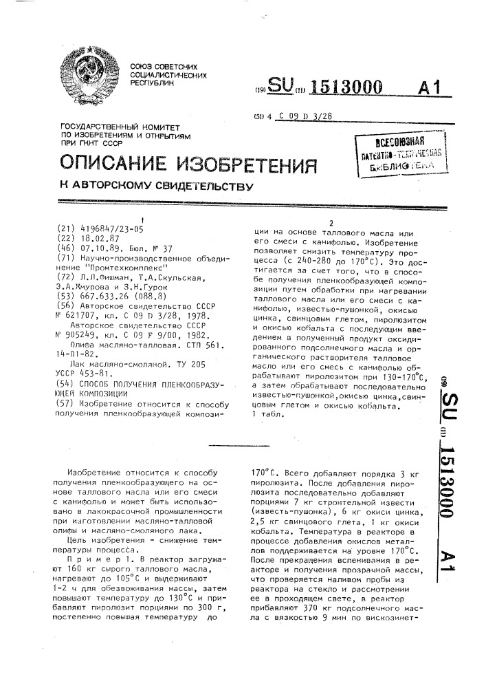 Способ получения пленкообразующей композиции (патент 1513000)