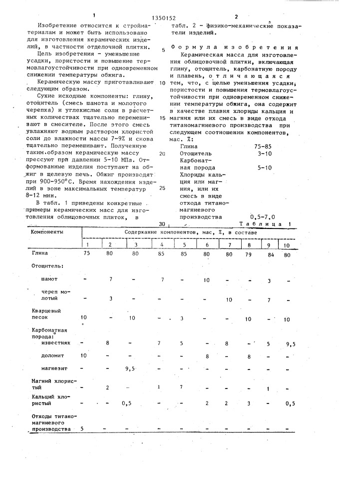 Керамическая масса для изготовления облицовочной плитки (патент 1350152)