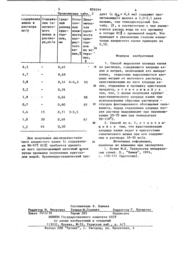 Способ выделения хлорида калия (патент 859295)