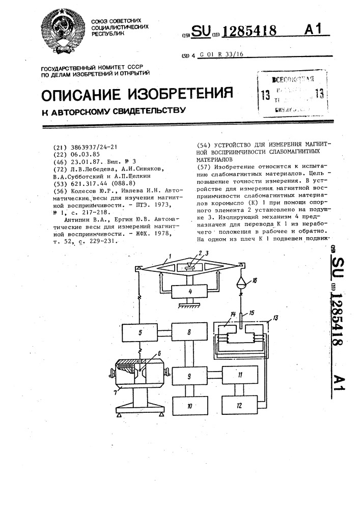 Устройство для измерения магнитной восприимчивости слабомагнитных материалов (патент 1285418)