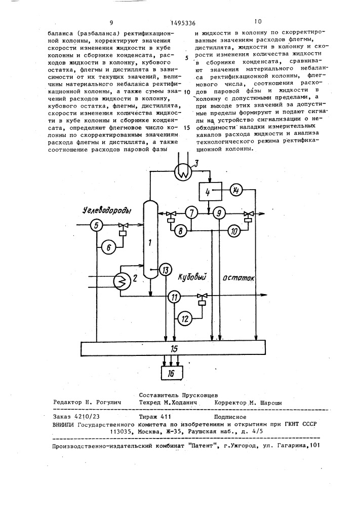 Способ автоматического контроля процесса ректификации (патент 1495336)