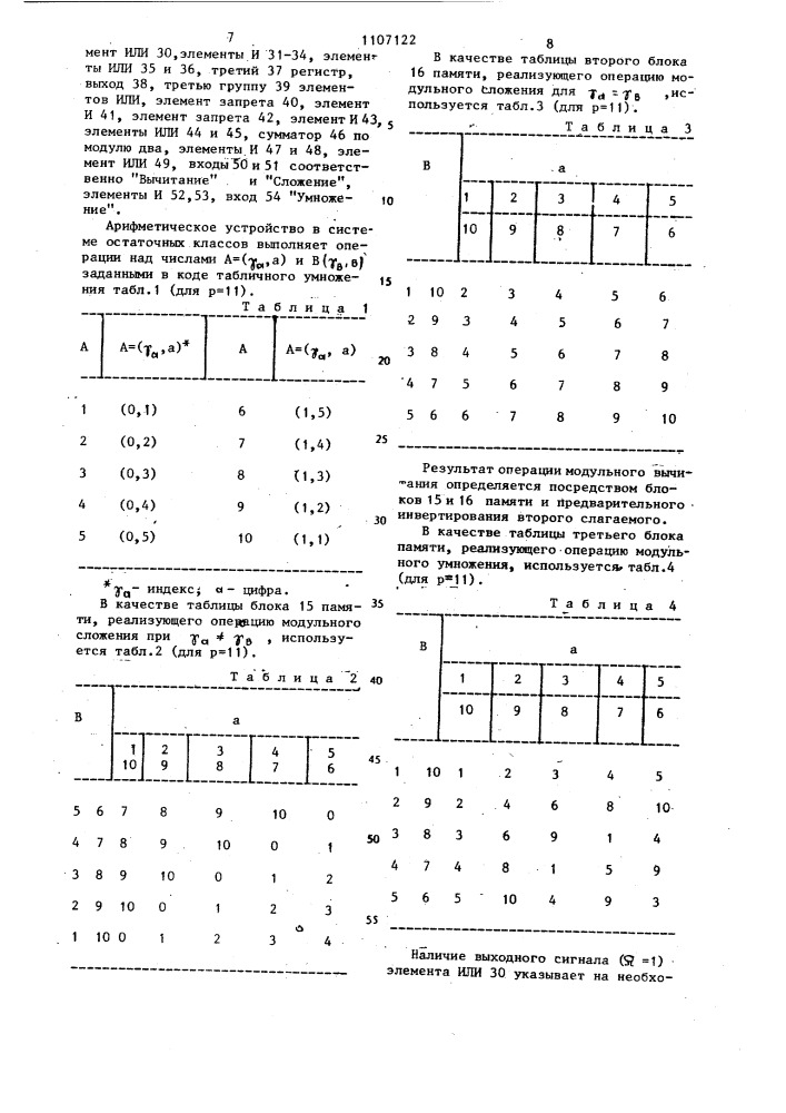 Арифметическое устройство в системе остаточных классов (патент 1107122)