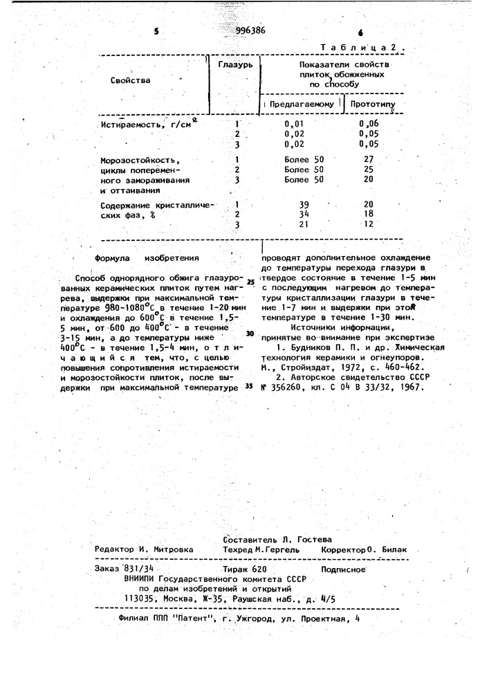 Способ однорядного обжига глазурованных керамических плиток (патент 996386)