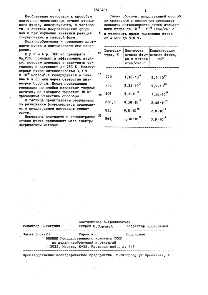 Способ получения молекулярных пучков атомарного фтора (патент 1242461)