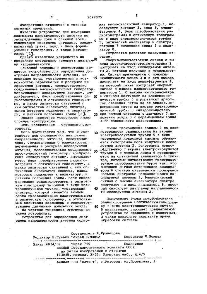 Устройство для определения диаграммы направленности антенны (патент 1022075)