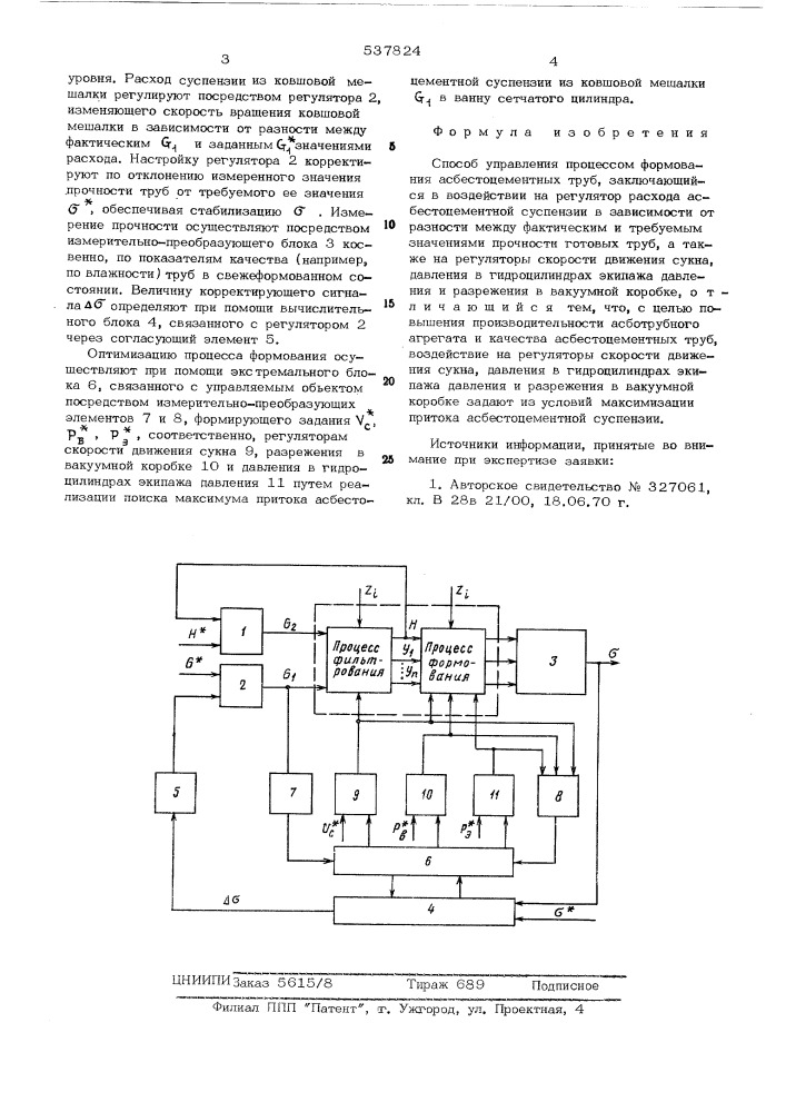 Способ управления процессом формования асбестоцементных труб (патент 537824)