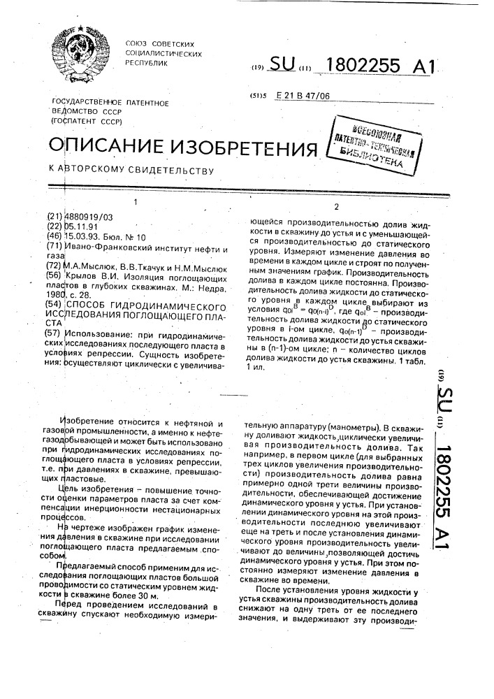 Способ гидродинамического исследования поглощающего пласта (патент 1802255)