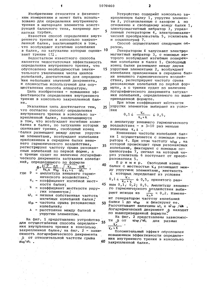 Способ определения внутреннего трения в консольно закрепленной балке (патент 1070460)