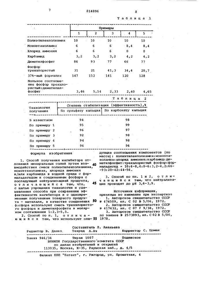 Способ получения ингибитораотложений минеральных солей (патент 814896)