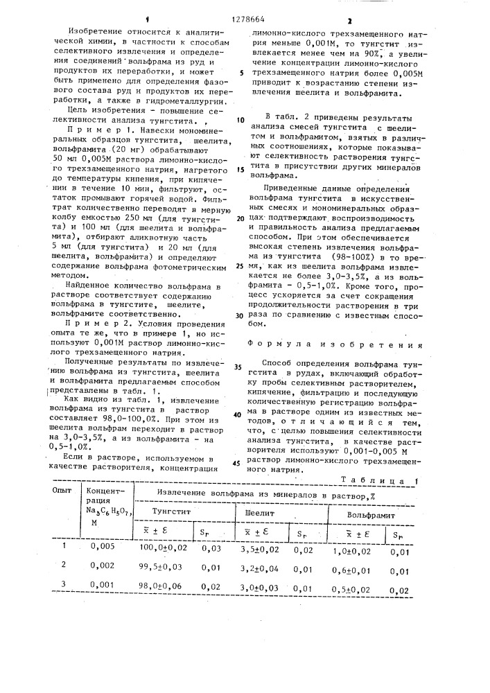 Способ определения вольфрама тунгстита в рудах (патент 1278664)