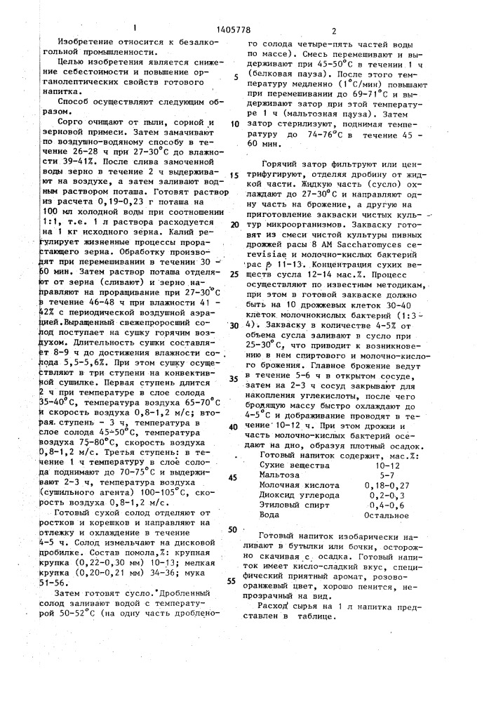 Способ получения напитка типа кваса "весенний (патент 1405778)