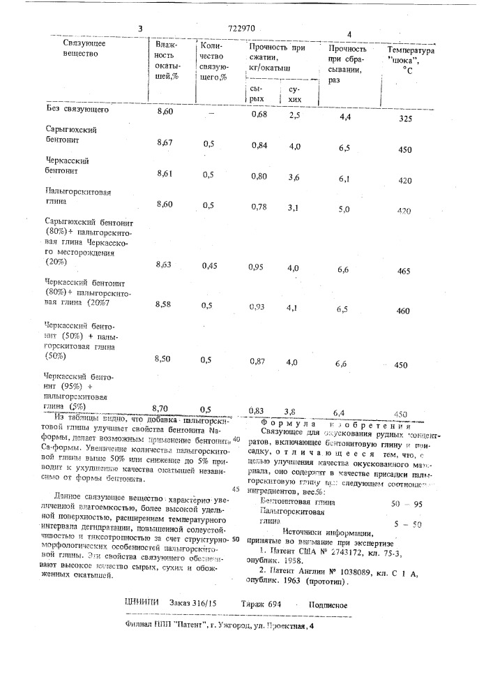 Связующее для окускования рудных концентратов (патент 722970)