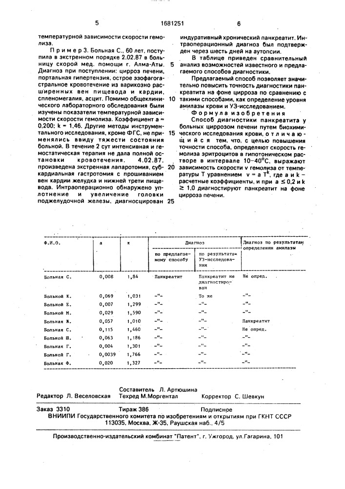 Способ диагностики панкреатита у больных циррозом печени (патент 1681251)