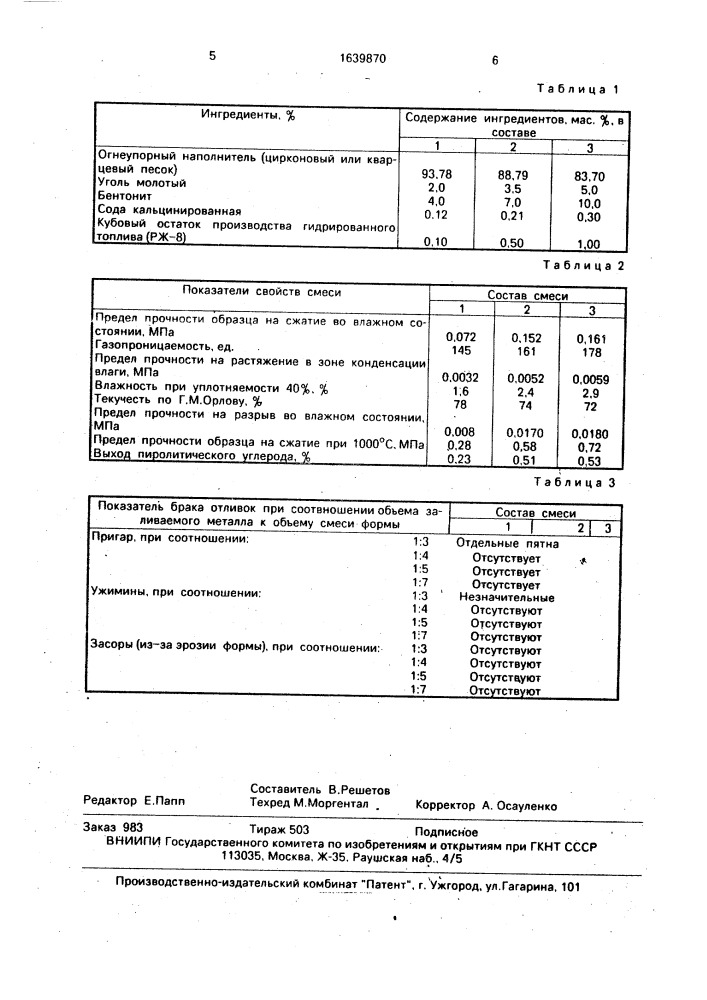 Смесь для изготовления литейных форм (патент 1639870)