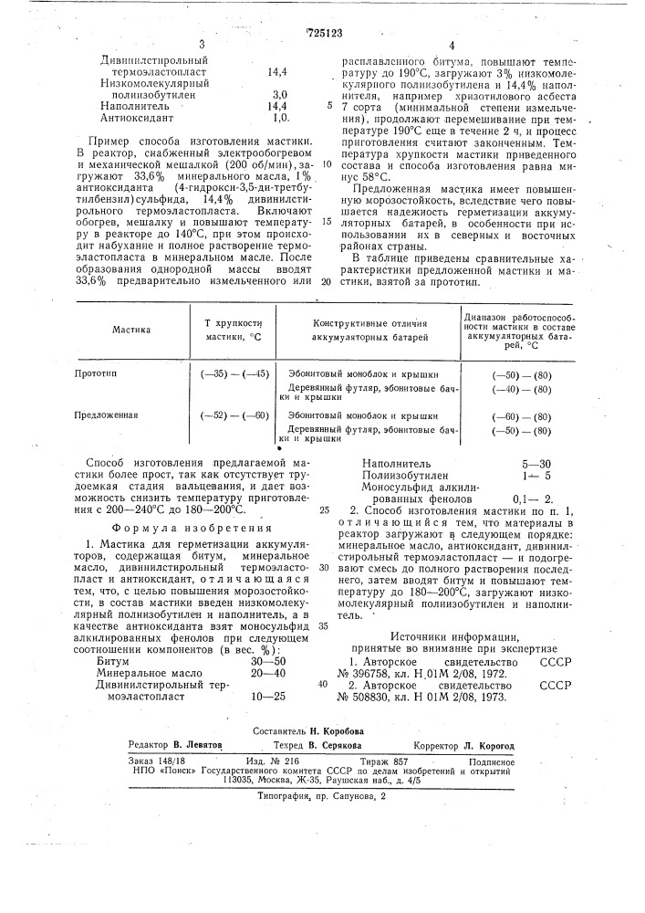 Мастика для герметизации аккумуляторов и способ ее изготовления (патент 725123)