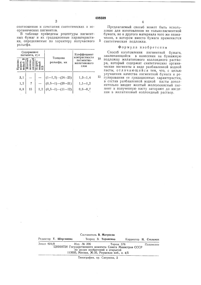 Способ изготовления пигментной бумаги (патент 498599)