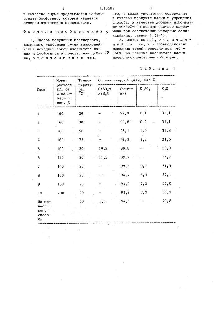 Способ получения бесхлорного калийного удобрения (патент 1318582)