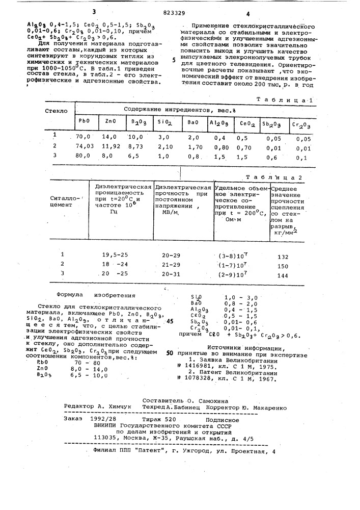 Стекло для стеклокристаллическогоматериала (патент 823329)