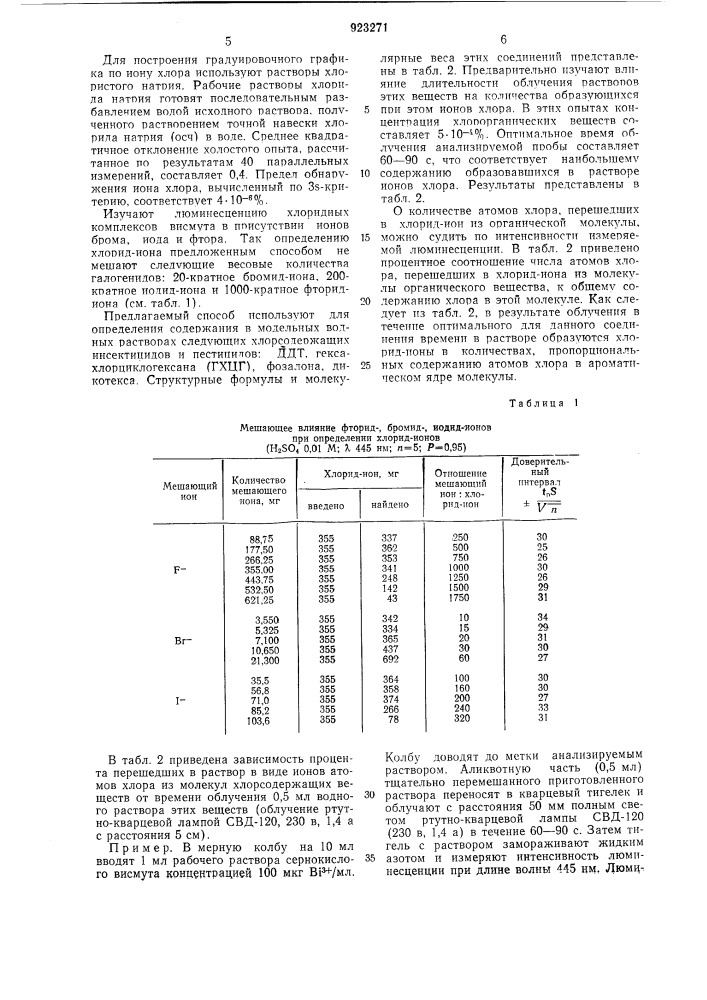 Способ определения хлорорганических пестицидов в воде (патент 923271)