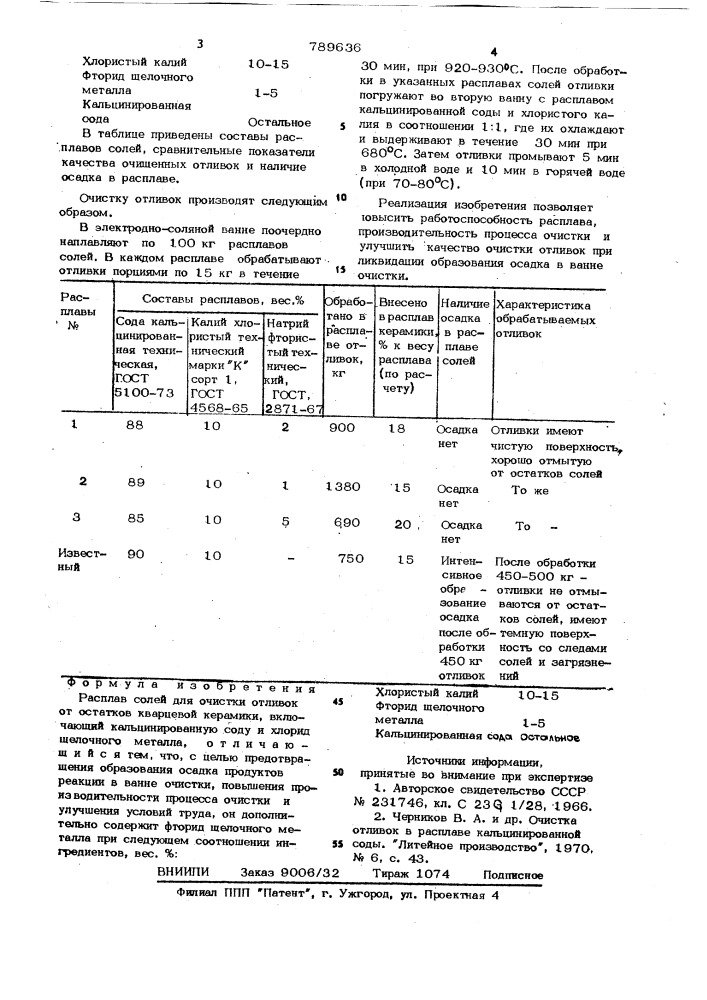 Расплав солей для очистки отливок от остатков кварцевой керамики (патент 789636)