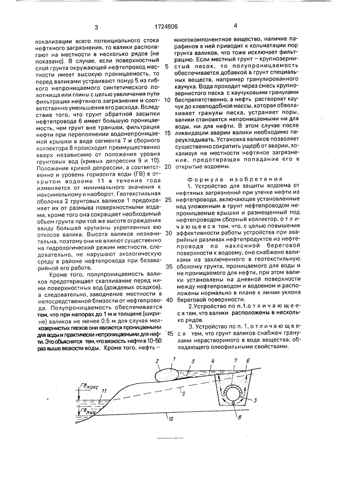 Устройство для защиты водоема от нефтяных загрязнений при утечке нефти из нефтепровода (патент 1724806)