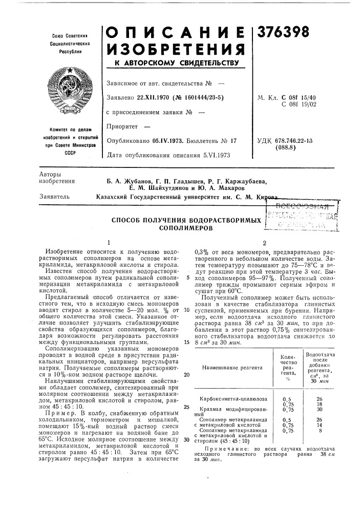 Способ получения водорастворимых сополимеров'- ••"kafp1известен способ .получения водорастворимых сополимеров путем радикальной сополимеризации метакриламида с метакриловой кислотой. (патент 376398)