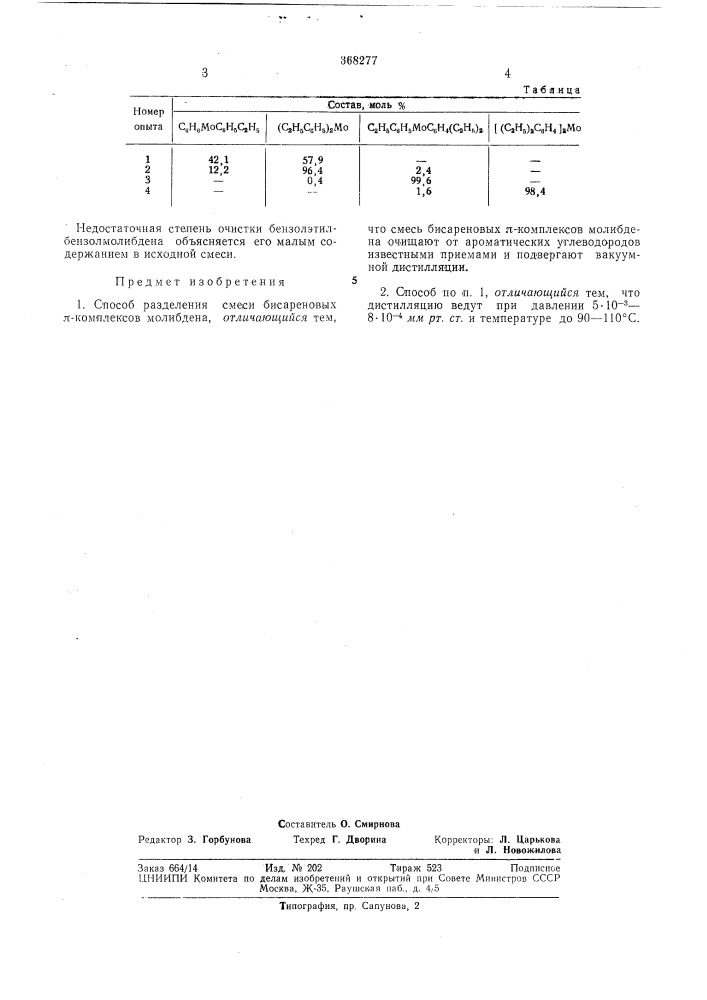 Способ разделения смеси бисареновых я-комплексов молибдена (патент 368277)