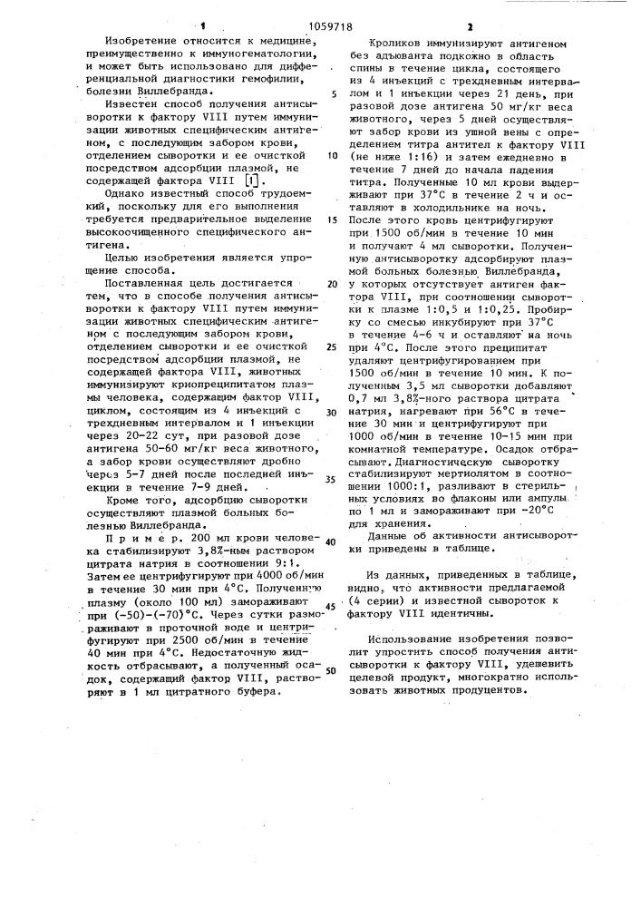 Способ получения антисыворотки к фактору уш (патент 1059718)