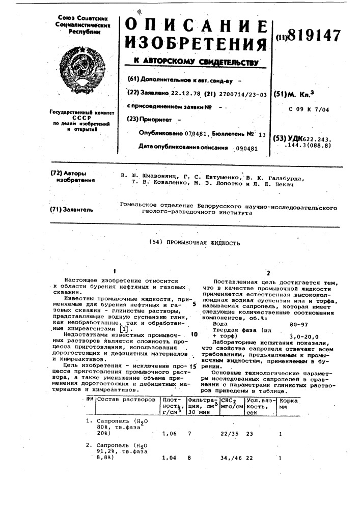 Промывочная жидкость (патент 819147)