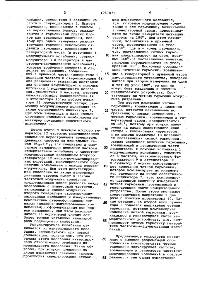 Устройство для измерения и компенсации четных гармоник в генераторах частотно-модулированных колебаний в стереорежиме (патент 1057873)