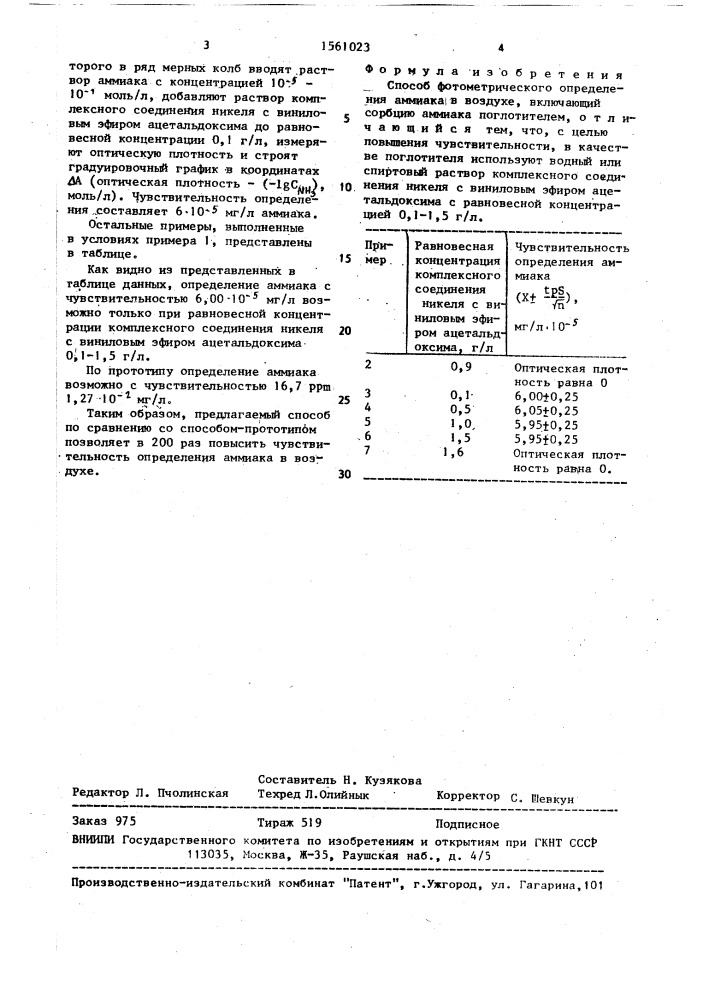 Способ фотометрического определения аммиака в воздухе (патент 1561023)