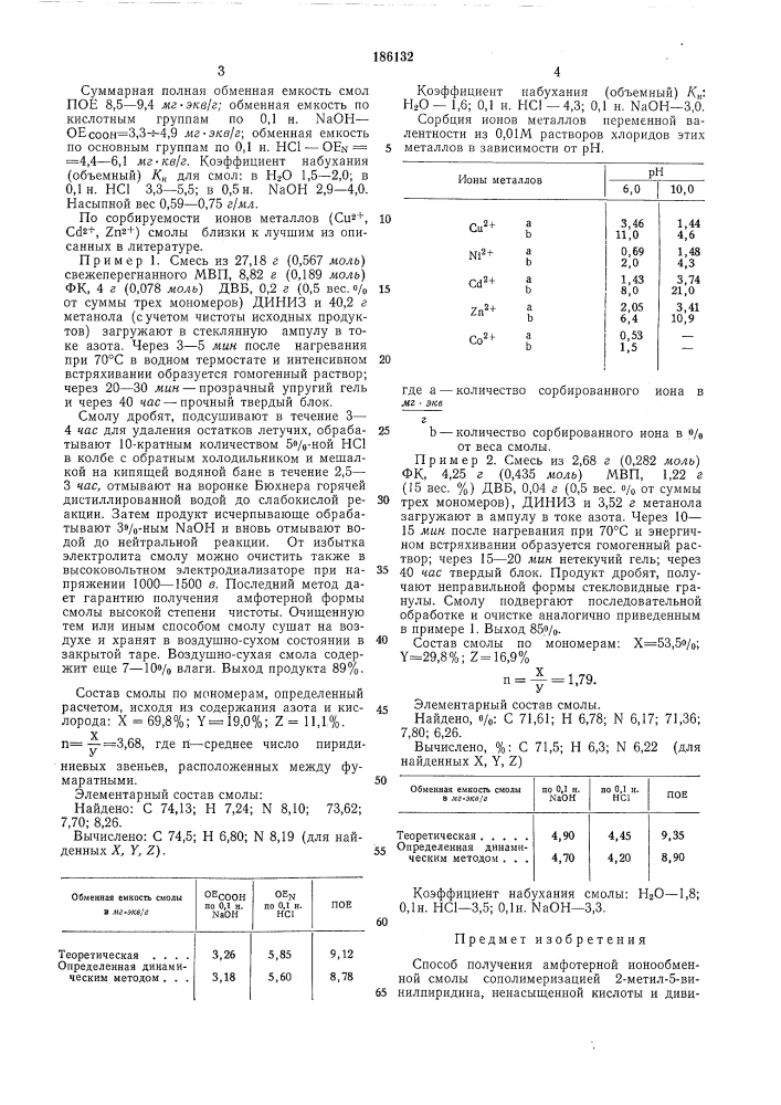 Способ получения амфотерной ионообменнойсмолы (патент 186132)