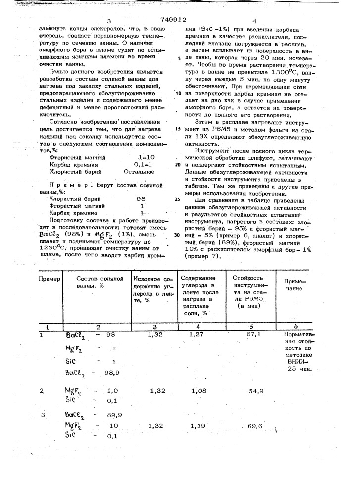 Состав соляной ванны для нагрева изделий под закалку (патент 749912)