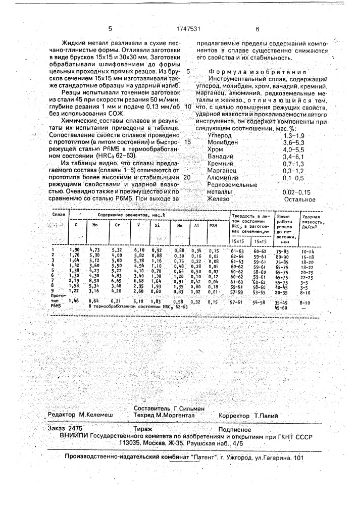 Инструментальный сплав (патент 1747531)