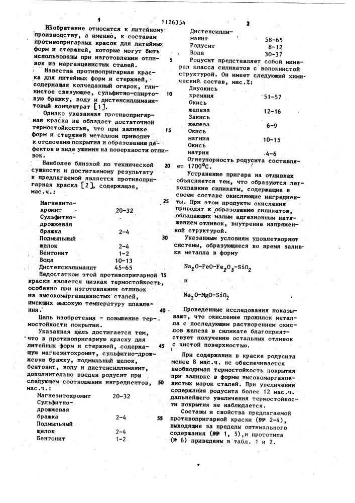 Противопригарная краска для литейных форм и стержней (патент 1126354)