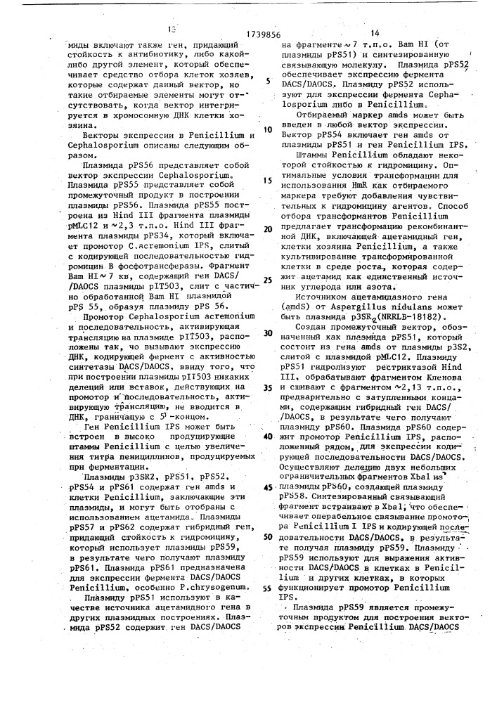 Способ конструирования рекомбинантной плазмидной днк, кодирующей фермент деацетоксицефалоспорин с синтетазу/деацетилцефалоспорин с синтетазу (патент 1739856)