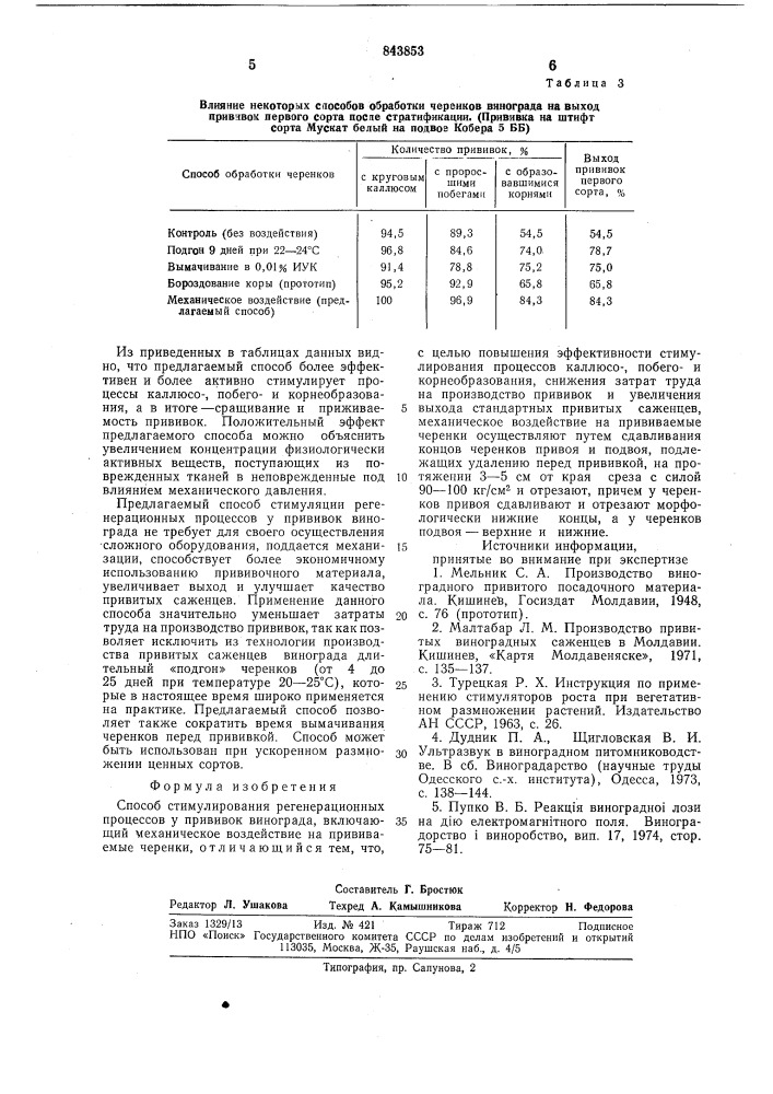 Способ стимулирования регенерационныхпроцессов у прививок винограда (патент 843853)