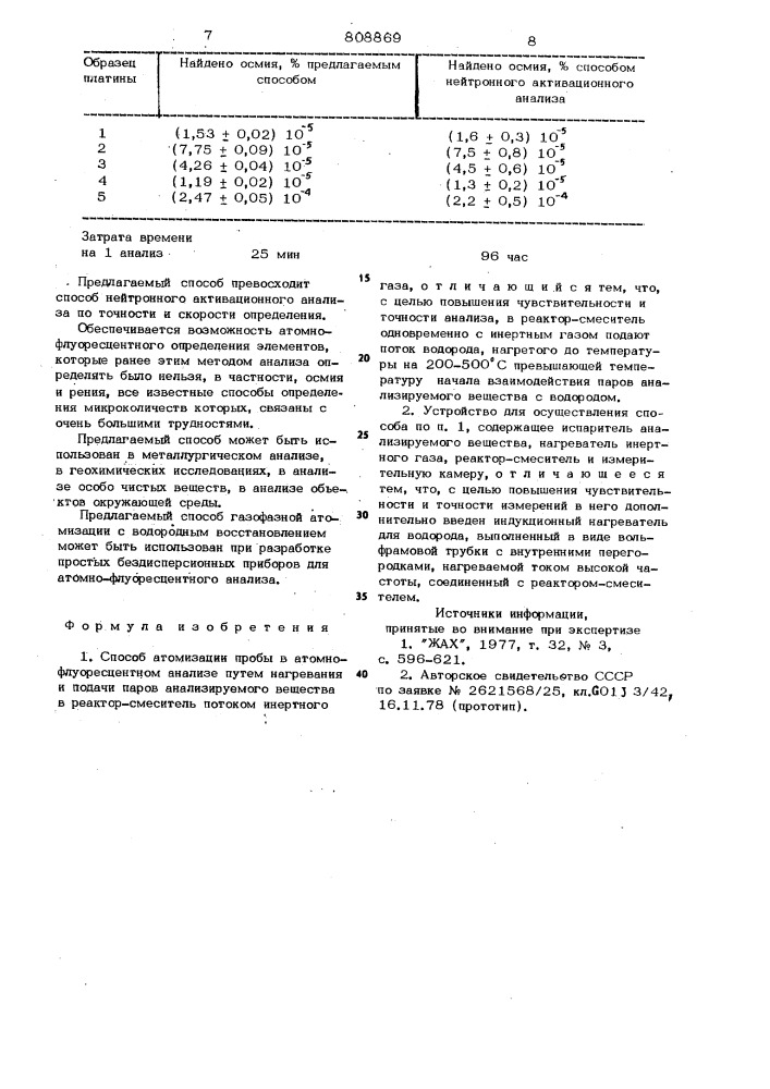 Способ атомизации пробы в атомно-флуоресцентном анализе и устройстводля его осуществления (патент 808869)