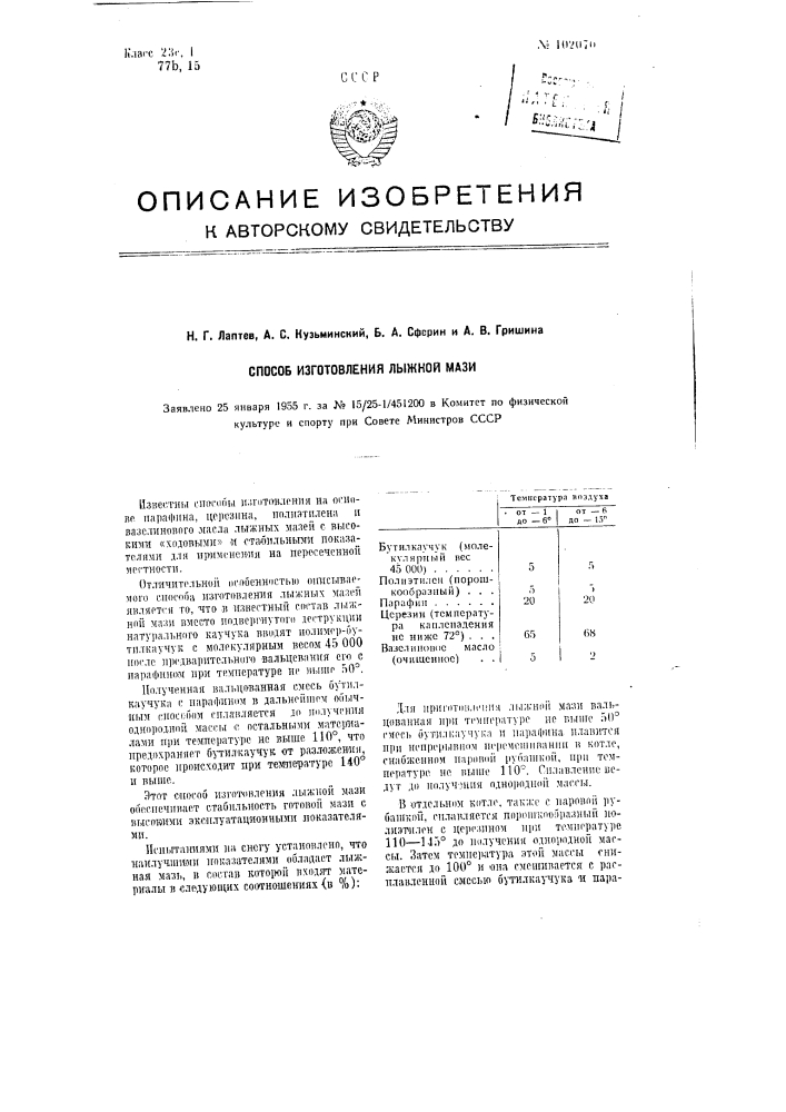 Способ изготовления лыжной мази (патент 102070)