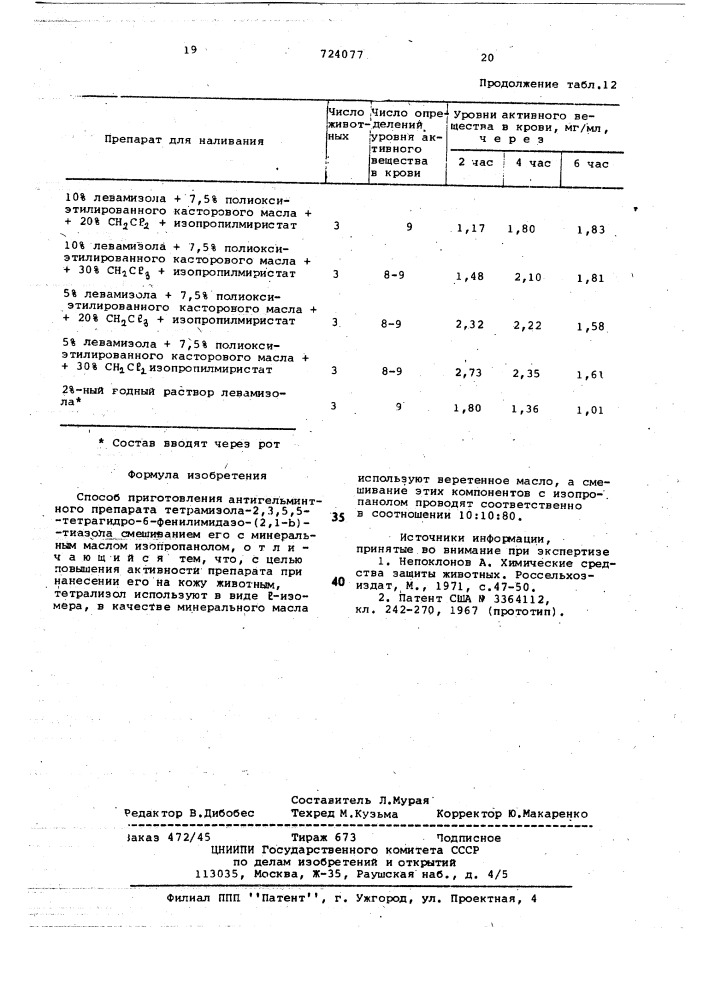 Способ приготовления антигельминтного препарата тетрамизола2,3,5,5-тетрагидро-6-фенил-имидазо -/2,1-в/- тиазола (патент 724077)