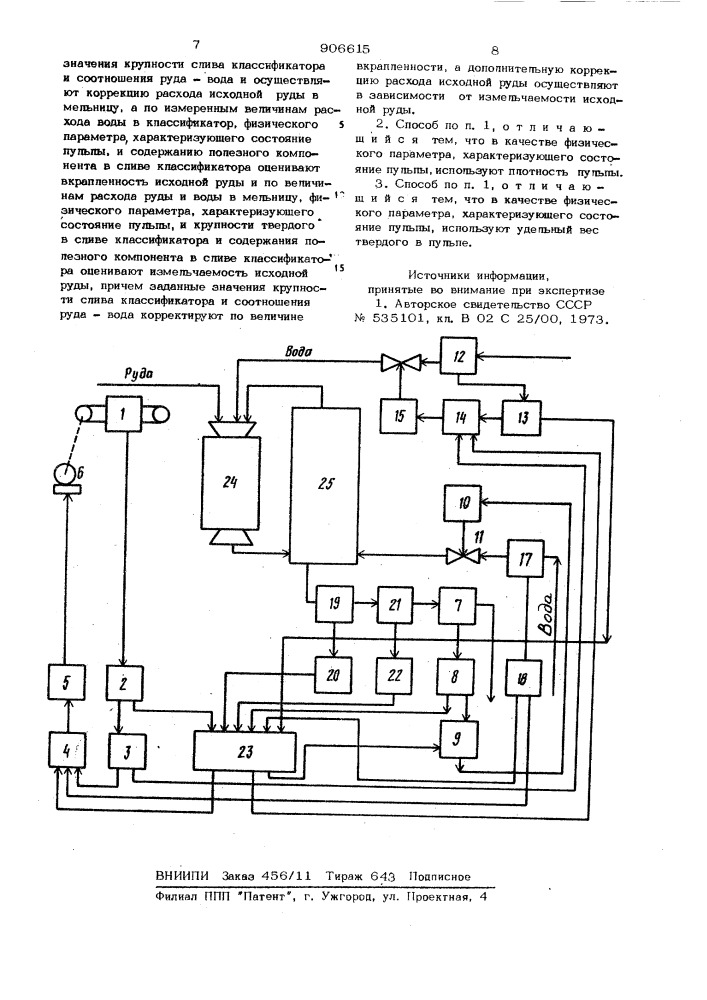 Способ автоматического управления одностадийным циклом мокрого измельчения (патент 906615)