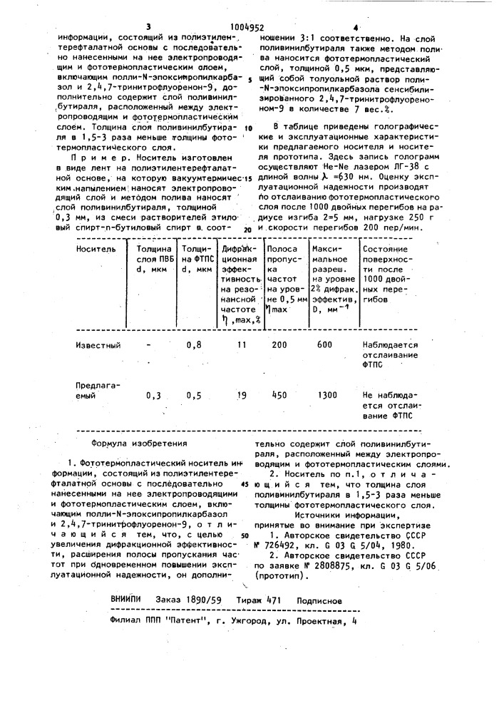 Фототермопластический носитель информации (патент 1004952)