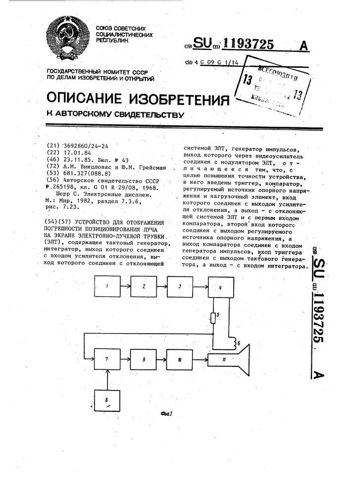 Устройство для отображения погрешности позиционирования луча на экране электронно-лучевой трубки (патент 1193725)