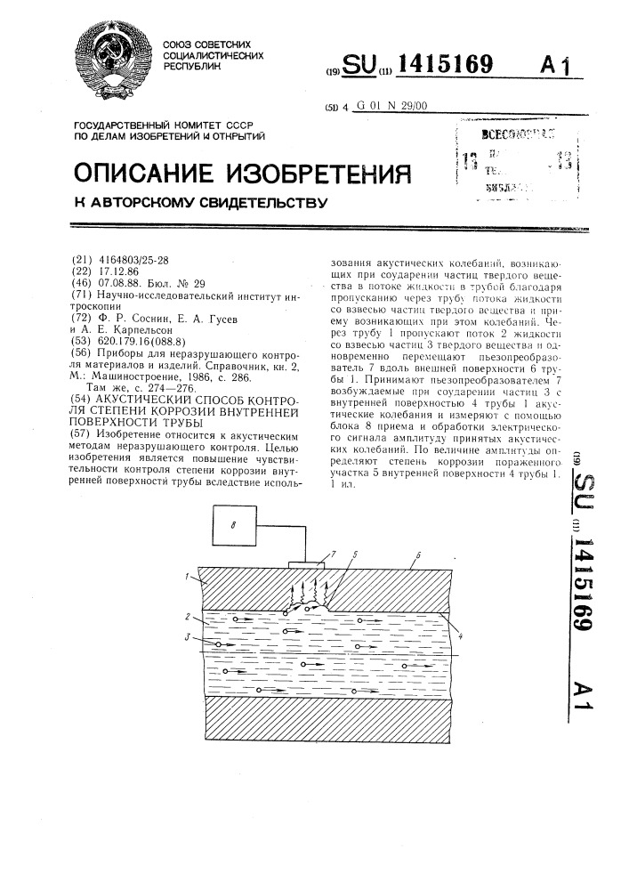 Акустический способ контроля степени коррозии внутренней поверхности трубы (патент 1415169)