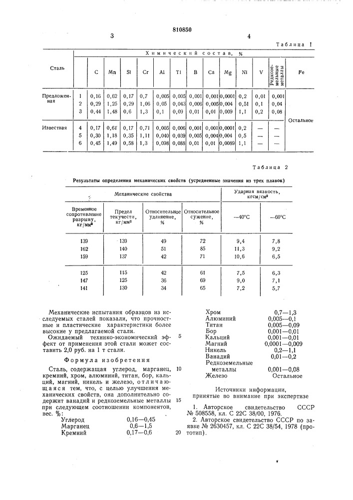 Сталь (патент 810850)