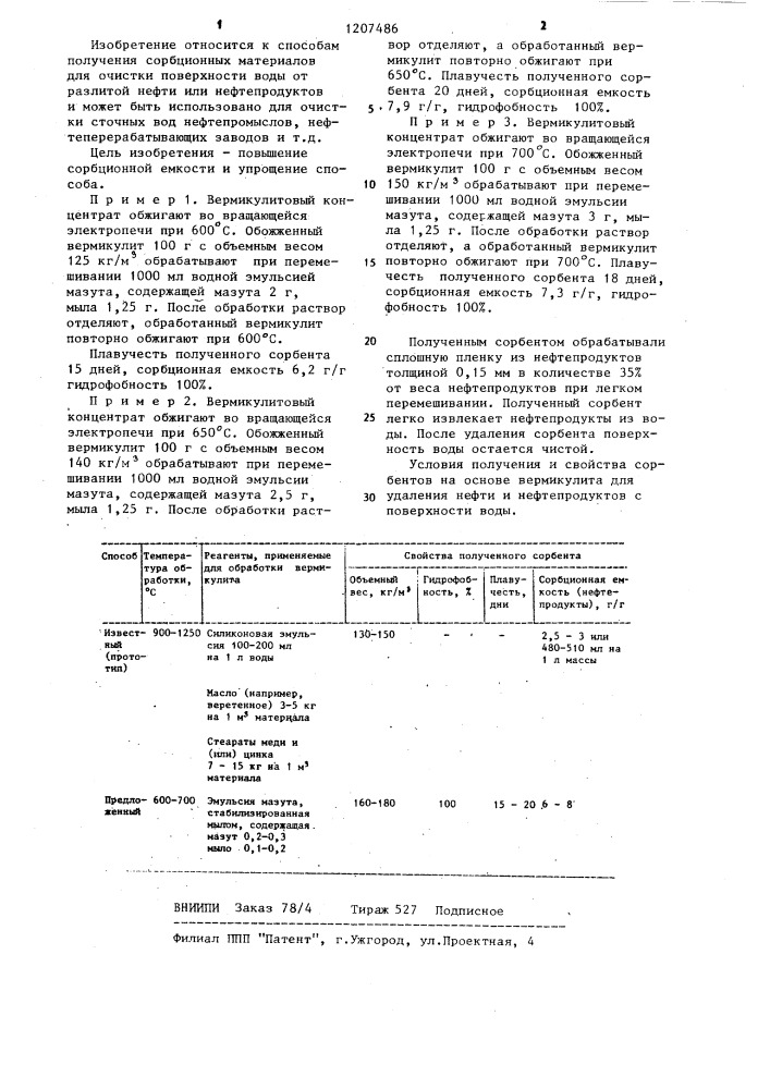 Способ получения сорбента для удаления нефти и нефтепродуктов с поверхности воды (патент 1207486)