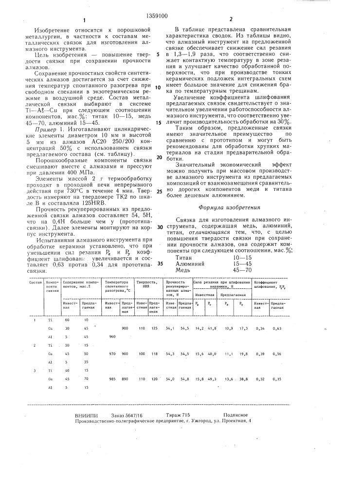 Связка для изготовления алмазного инструмента (патент 1359100)