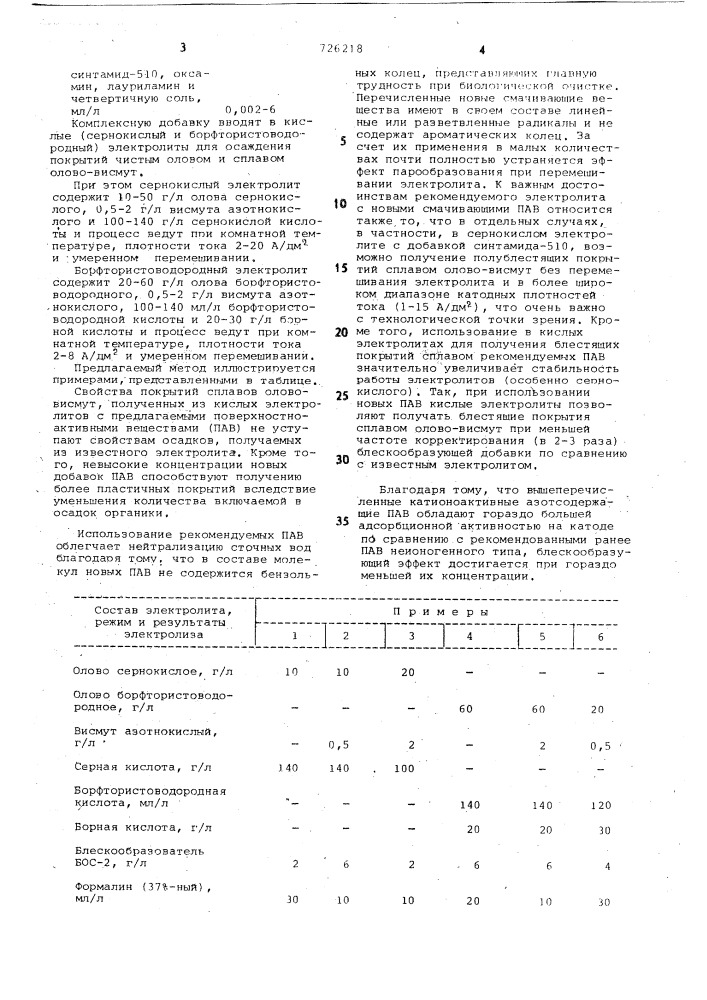 Комплексная добавка в кислые электролиты для получения блестящих покрытий на основе олова (патент 726218)