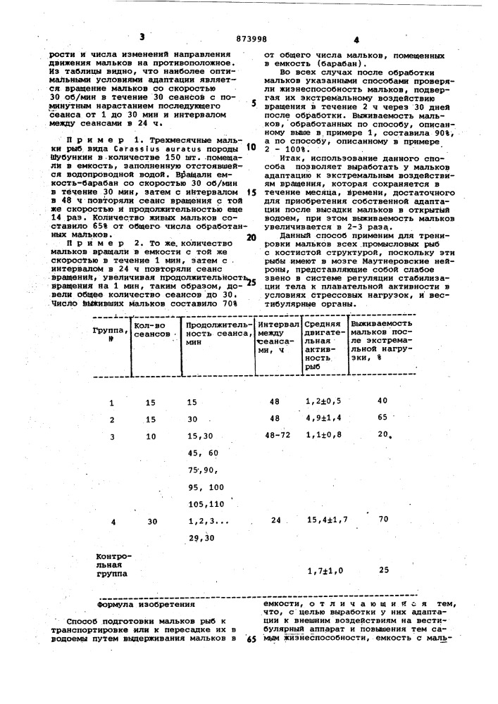Способ подготовки мальков рыб к транспортировке или к пересадке их в водоемы (патент 873998)